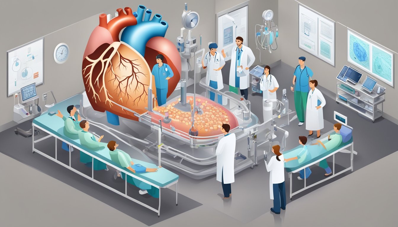 A heart-shaped diagram with labeled chambers and vessels, surrounded by medical equipment and a doctor explaining to a family