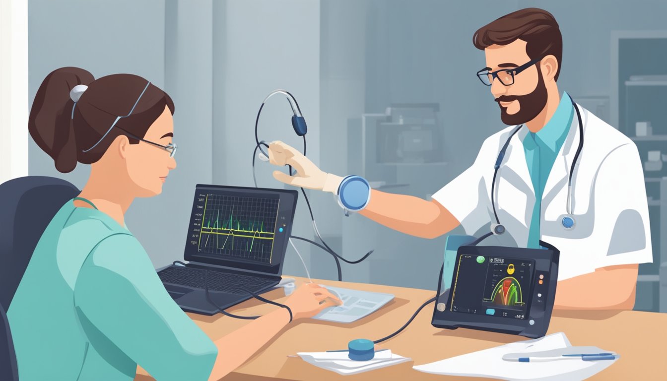 A doctor examines a heart monitor, while a nurse prepares a child for a screening test