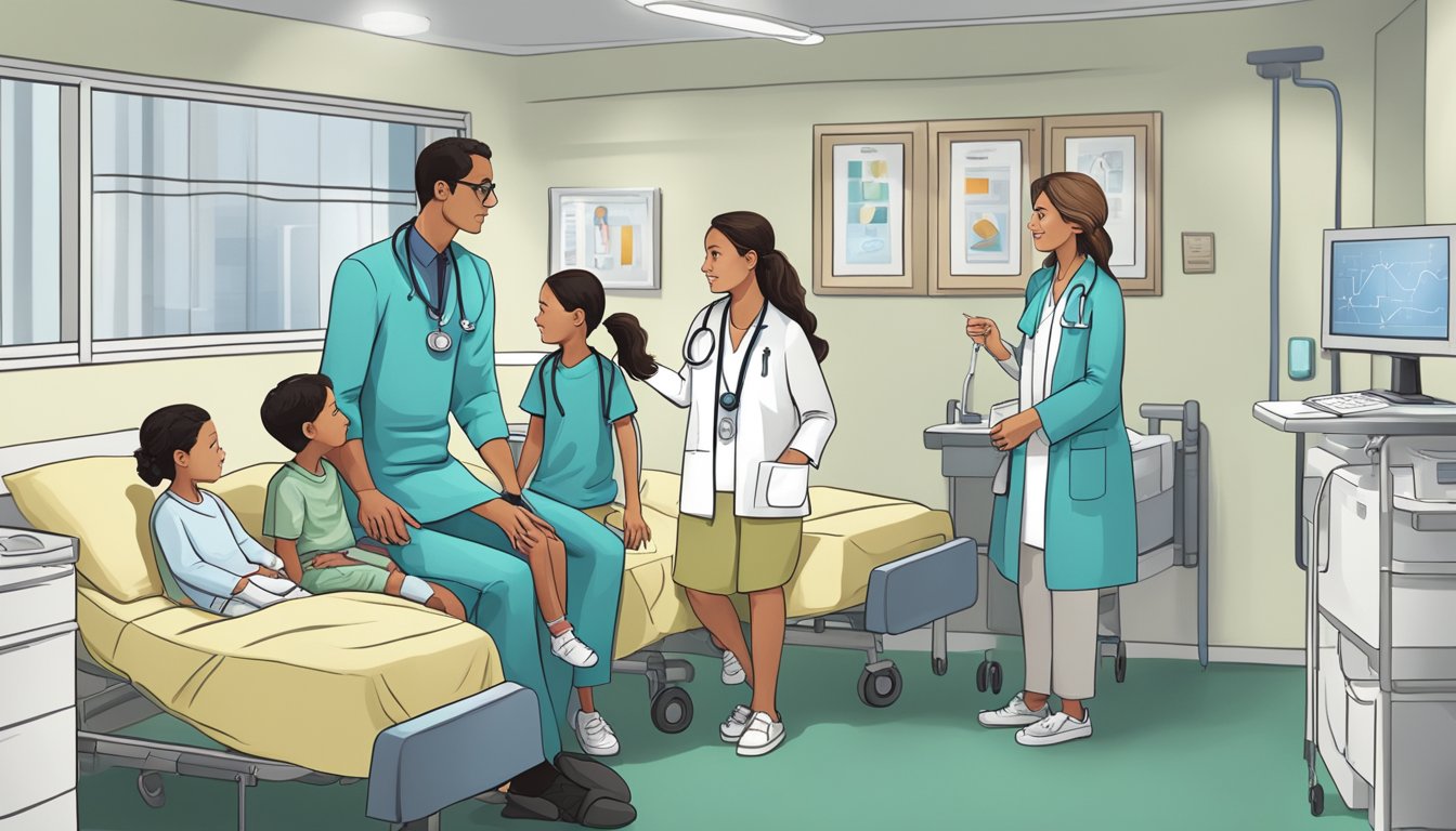 A doctor discusses treatment options for congenital heart disease with a family in a hospital room