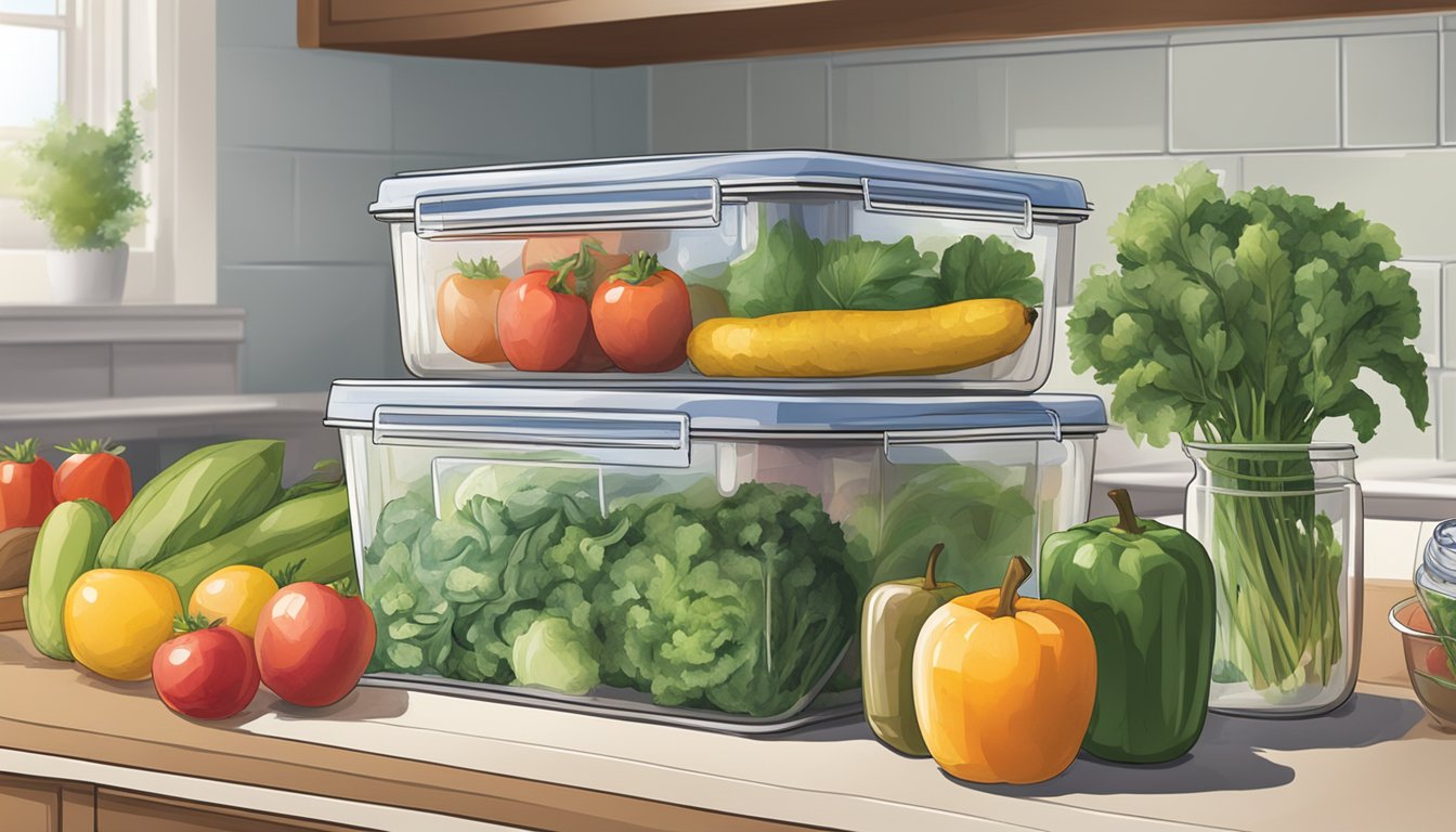 An airtight container sits on a kitchen counter, filled with fresh produce and sealed tightly with a secure lid. The container is labeled with the word "Airtight" and shows no signs of leaks or air gaps