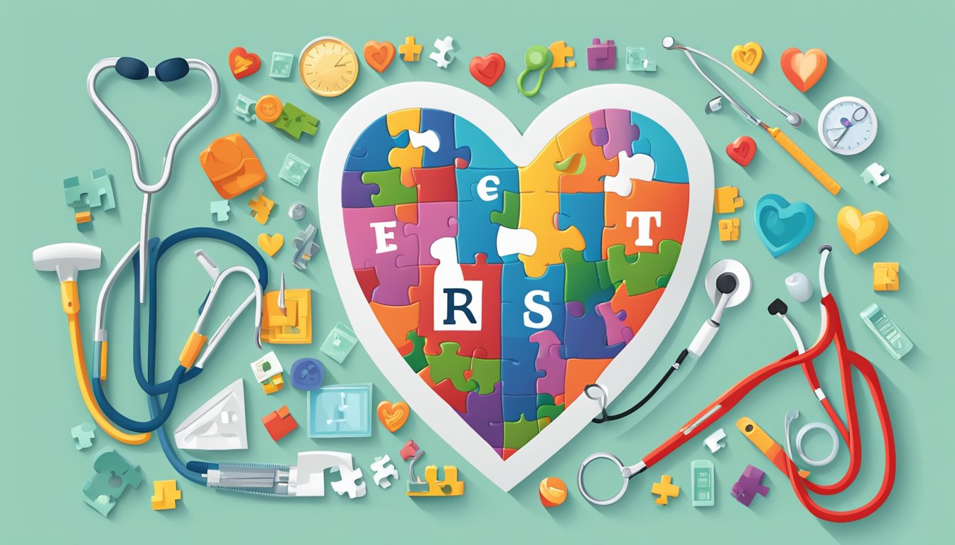 A heart-shaped puzzle with "Frequently Asked Questions congenital heart disease" in bold letters, surrounded by medical tools and a stethoscope