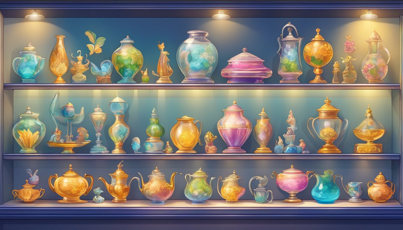A display cabinet filled with colorful trinkets and delicate figurines, illuminated by soft overhead lighting, casting gentle shadows on the glass shelves