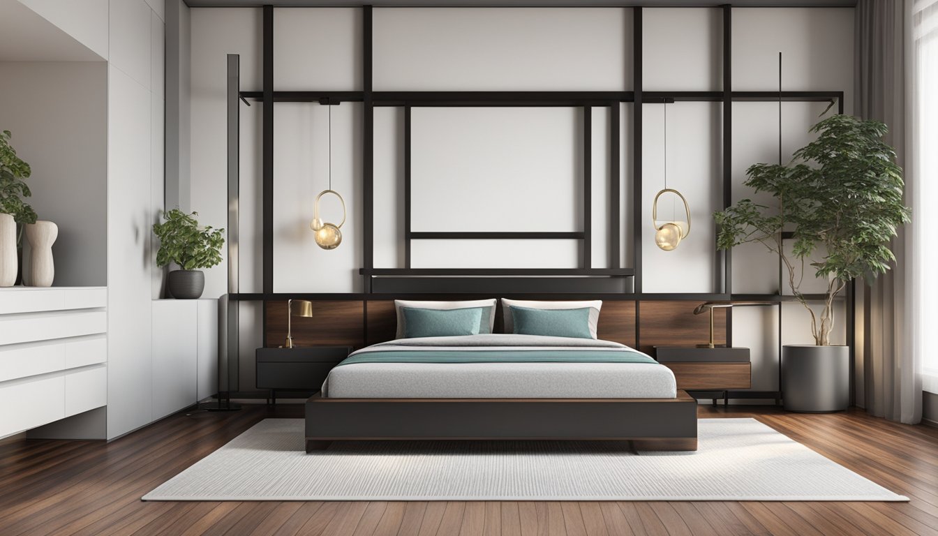 A queen bed frame stands against a feature wall with a sleek, modern design and clean lines. The frame is made of dark wood with a smooth, polished finish, and is adorned with minimalist metal accents for a contemporary look