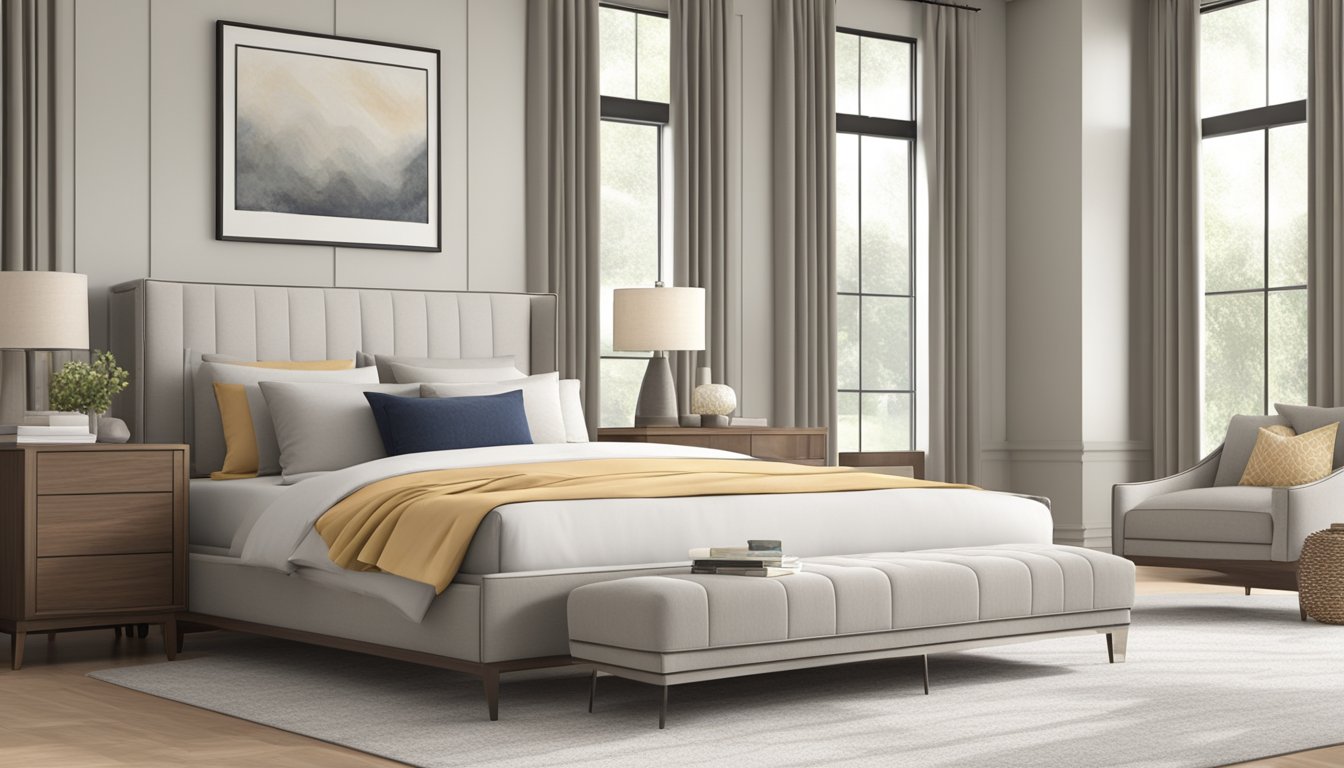 A queen size bed frame stands in a spacious bedroom, surrounded by soft, neutral-colored bedding and pillows. The frame is sturdy and elegant, with clean lines and a modern design