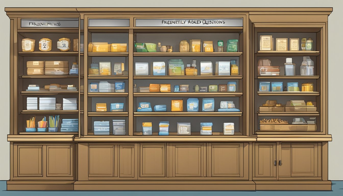 A display cabinet with "Frequently Asked Questions" signage, organized shelves, and clear labeling