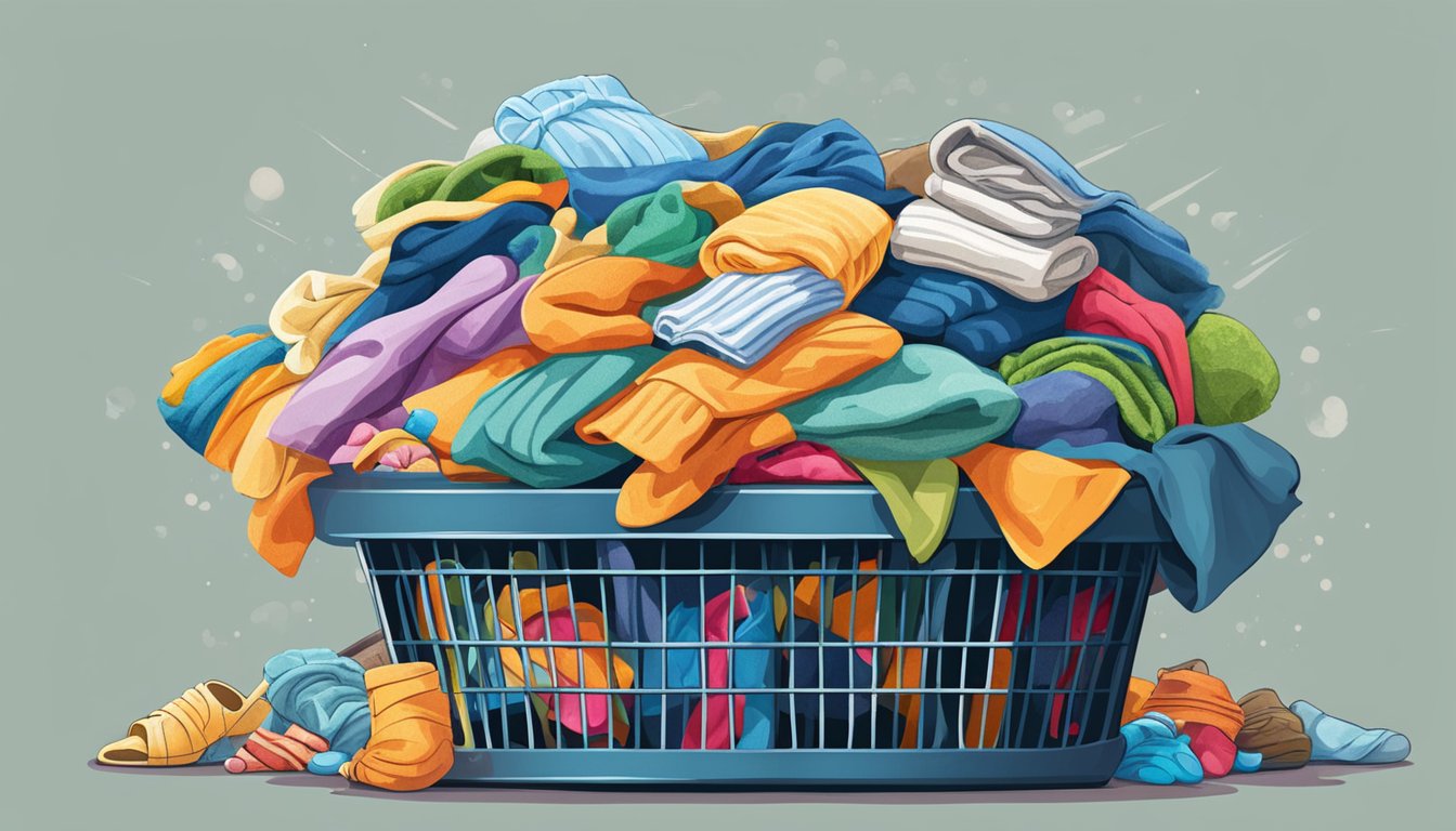 A laundry basket sits overflowing with clothes, towels, and socks. The colorful items spill out, creating a chaotic yet familiar scene
