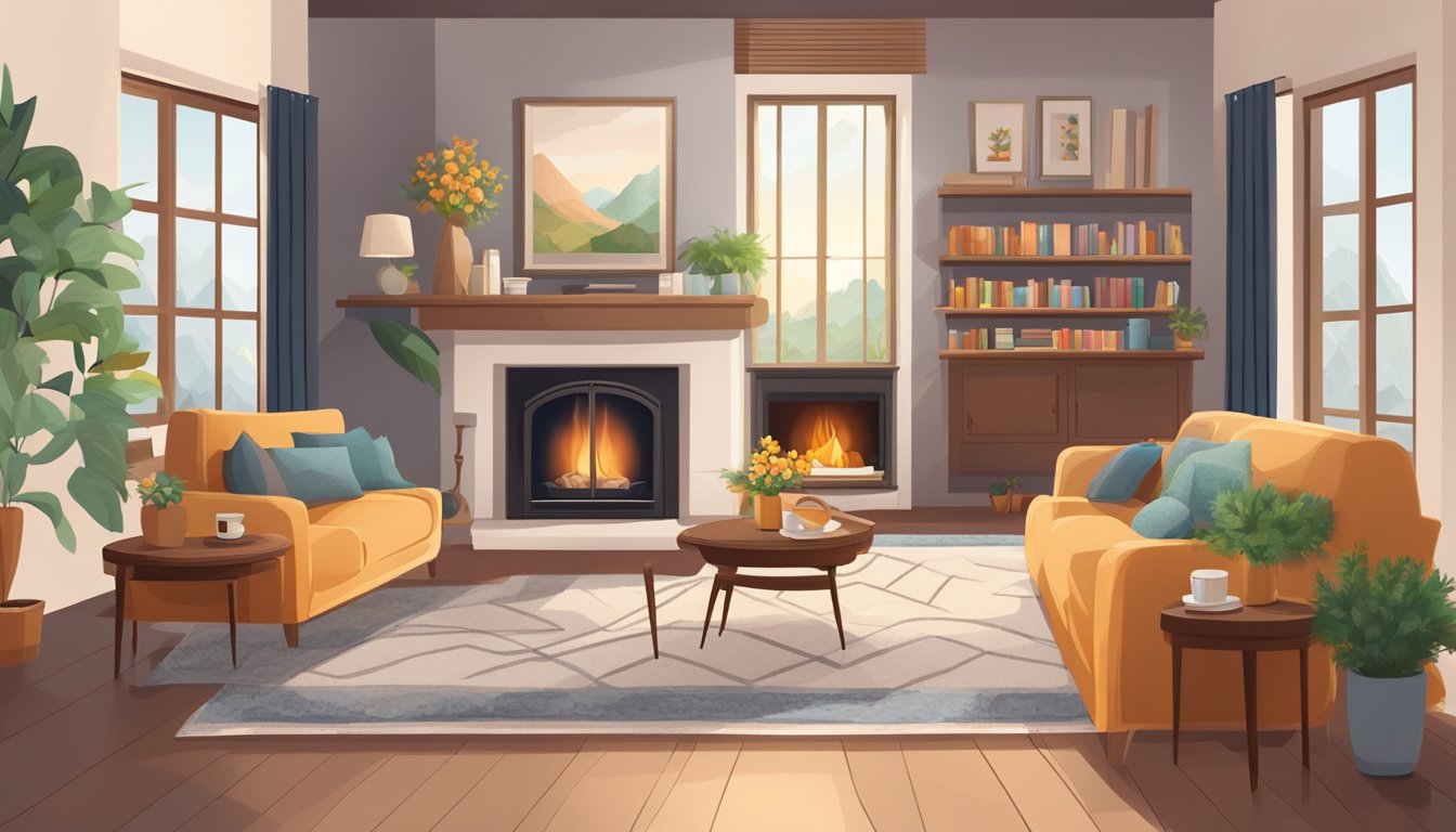 A cozy living room with a plush sofa, a coffee table with books and a vase of flowers, a soft rug, and a warm fireplace