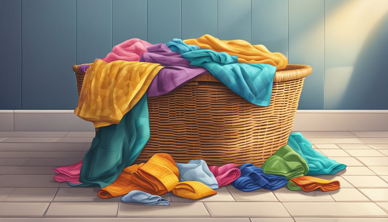 A laundry basket sits on a tiled floor, overflowing with colorful clothes. A soft light illuminates the scene, highlighting the texture of the fabric