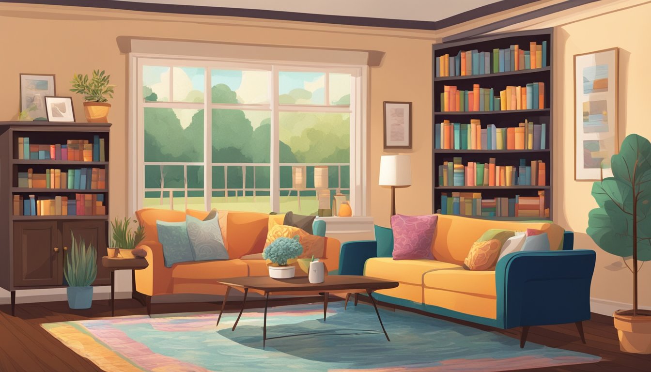 A cozy living room with a large, plush sofa facing a fireplace. Soft, warm lighting fills the room, highlighting the colorful throw pillows and decorative accents. A bookshelf lines one wall, filled with books and personal mementos