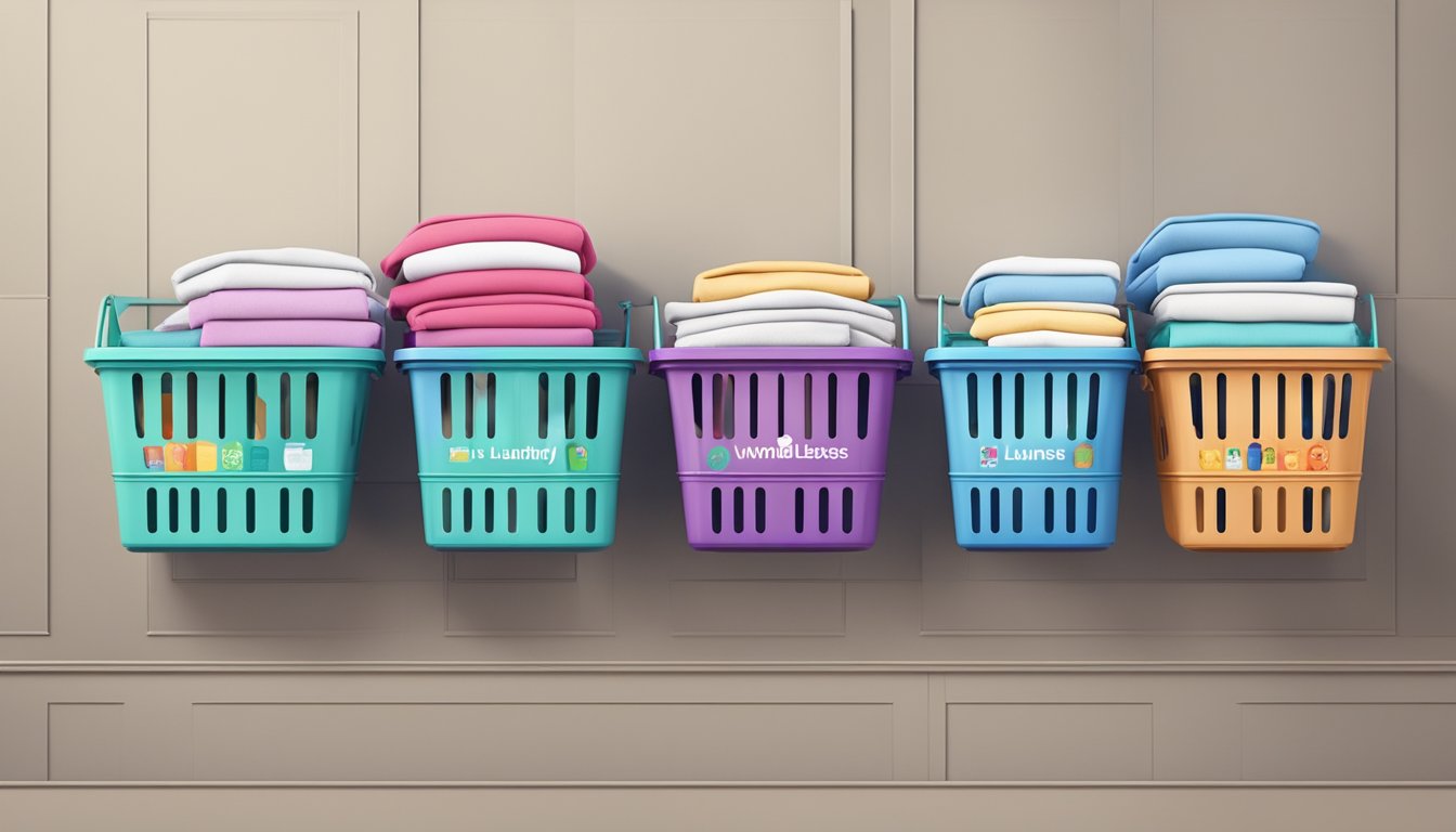 A stack of colorful laundry baskets, branded with various logos, arranged neatly on a shelf