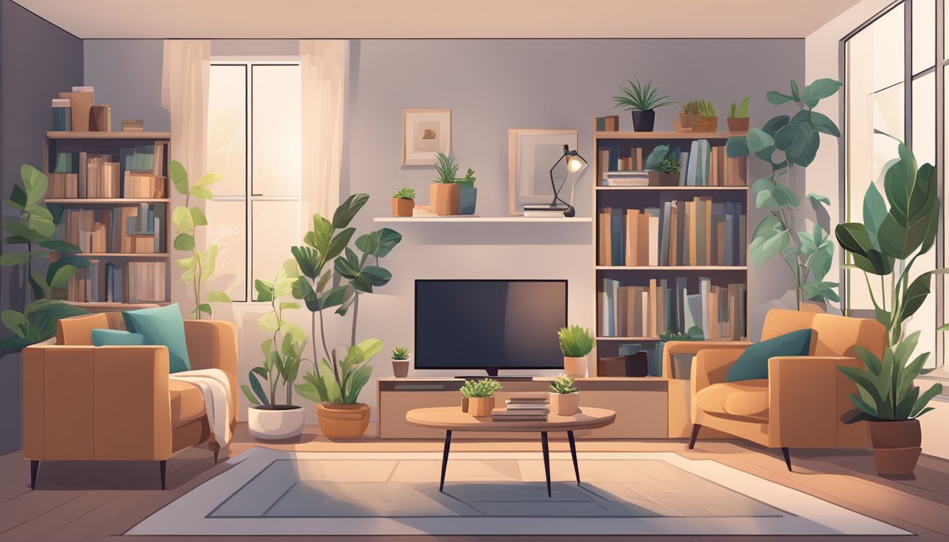 A cozy living room with a comfy sofa, a coffee table with magazines, and a TV on the wall. A bookshelf filled with books and a potted plant in the corner