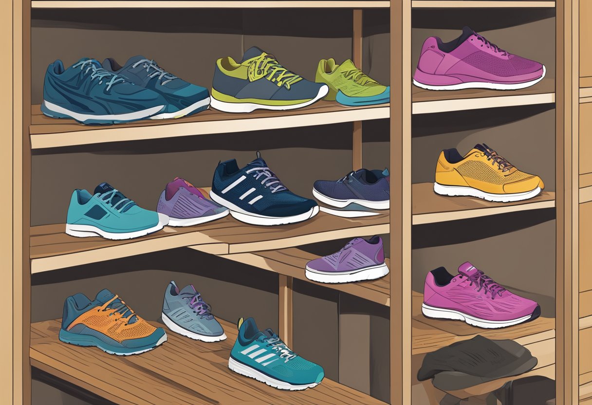 A shelf displaying various shoes for running, hiking, dancing, and casual wear, with labels indicating their respective activities