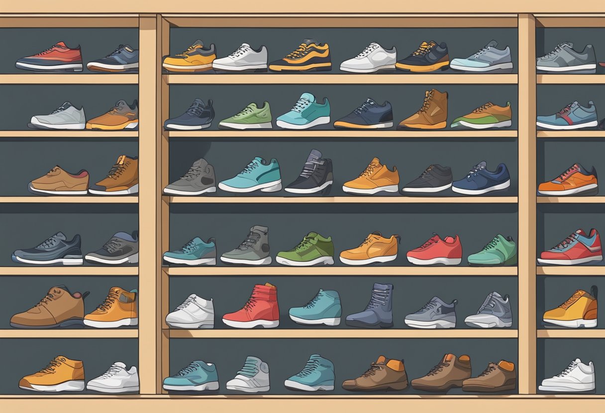 A variety of shoes arranged neatly on a shelf, each labeled with the specific activity it is best suited for. Running, hiking, dancing, and casual options are all represented