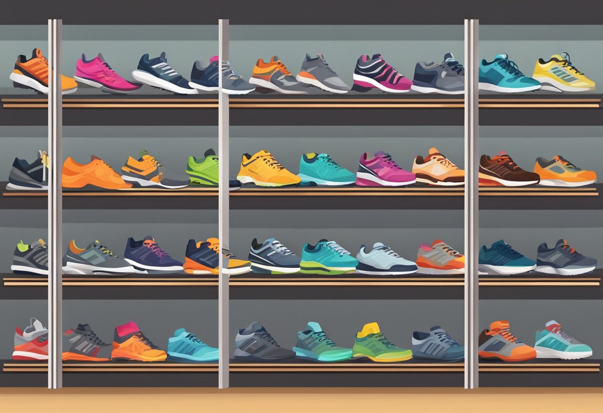 A variety of athletic shoes displayed on shelves with labels for different activities