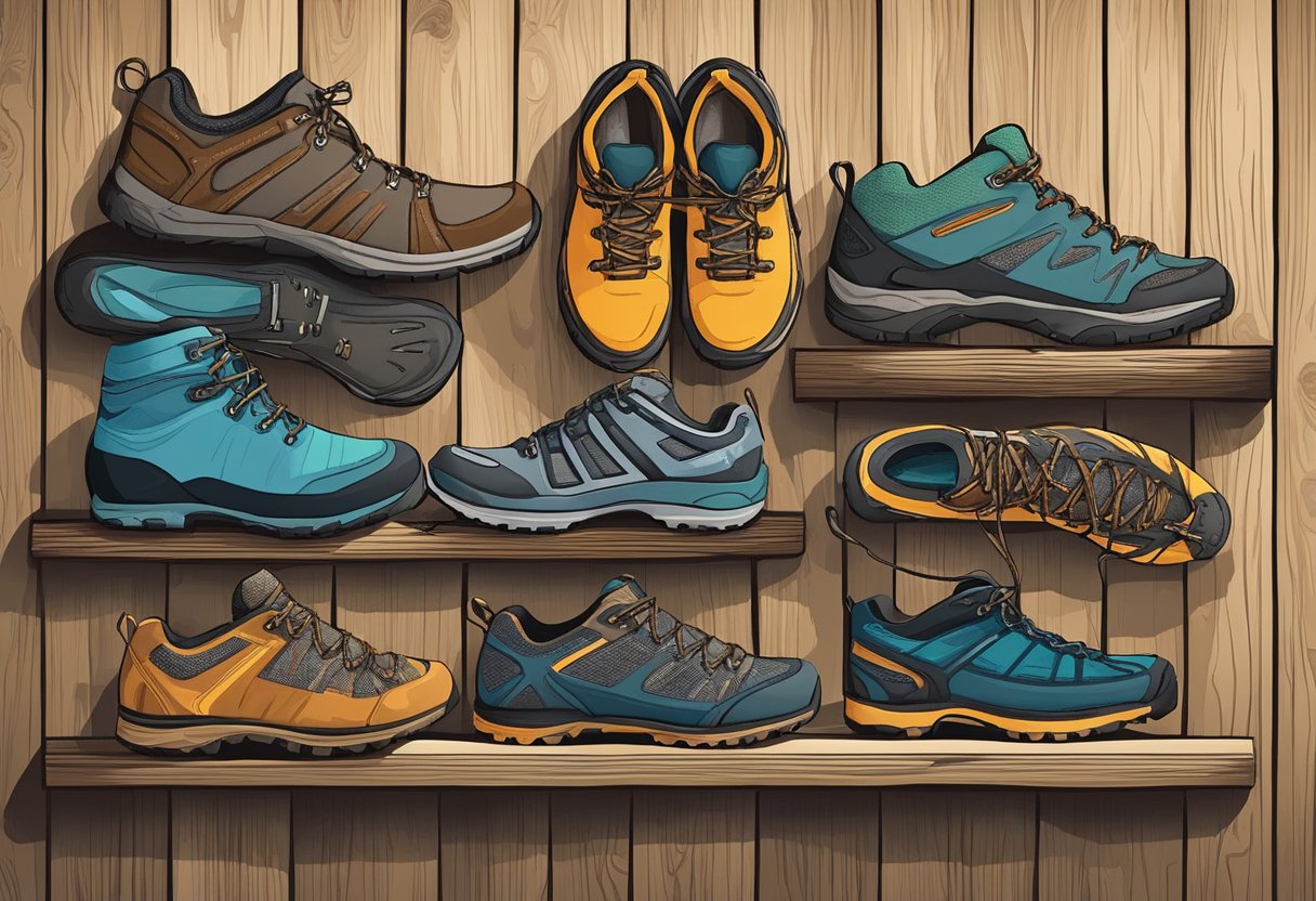 A variety of shoes laid out on a rustic wooden table, each pair designed for a different outdoor activity. Hiking boots, trail running shoes, water shoes, and climbing shoes are all displayed, ready for adventure