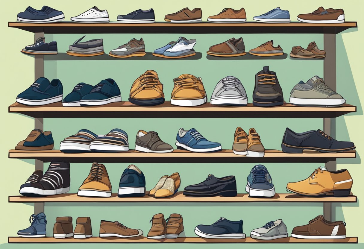 A variety of shoes lined up on a shelf, including sneakers, sandals, and loafers, representing different activities and levels of comfort