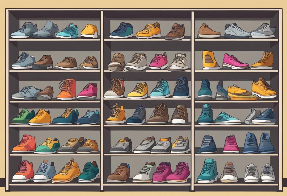 A collection of shoes neatly organized on shelves, with labels indicating their specific uses for activities such as running, hiking, and dancing