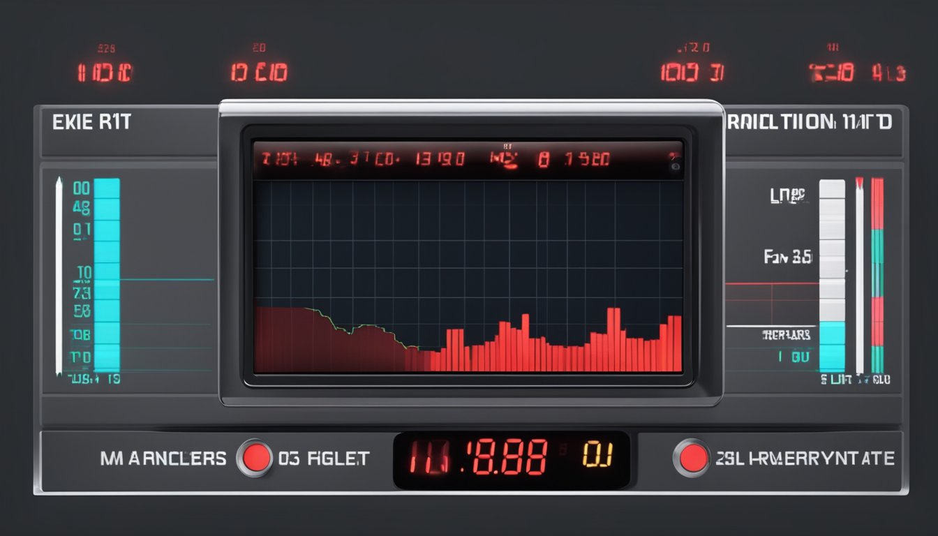 A digital heart rate monitor displays a dangerously high heart rate for a woman. The screen shows a red warning alert as the numbers spike