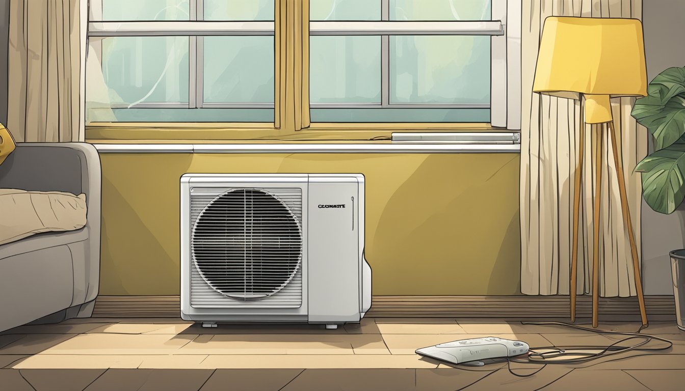 A small, old-fashioned window air conditioner sits in a dingy, cluttered room. Its plastic casing is cracked and yellowed, and the cord is frayed