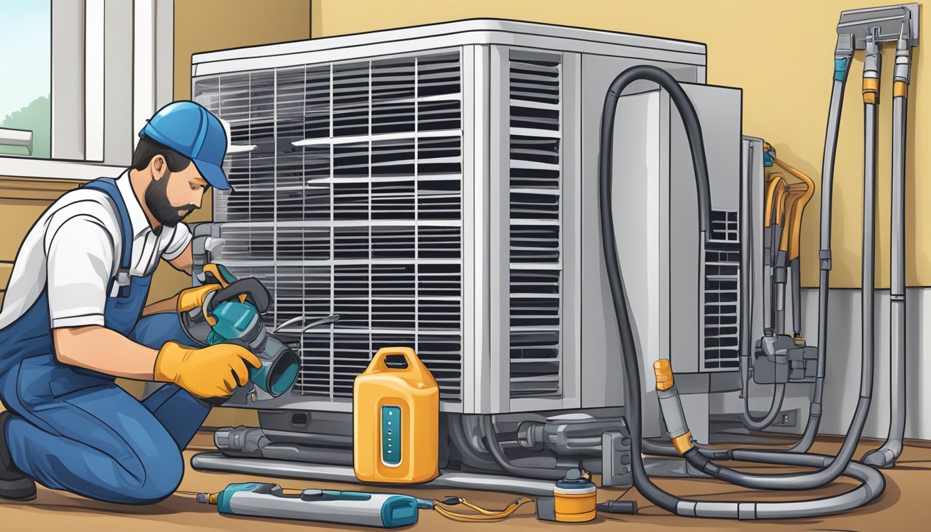 An air conditioner being cleaned and serviced by a technician with various tools and equipment nearby