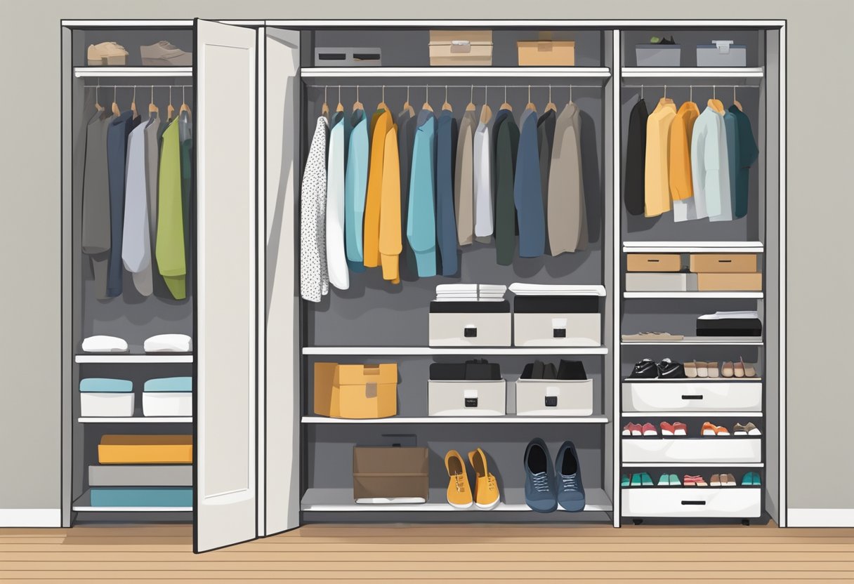 A closet with neatly organized shelves, shoe boxes labeled by type, and a dehumidifier to prevent moisture damage