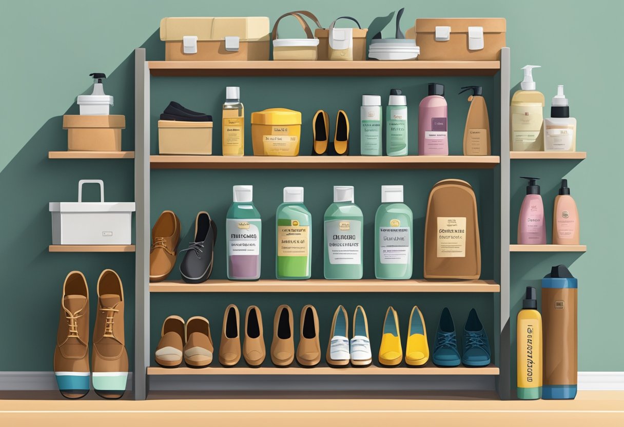 A shelf lined with various shoe materials, from leather to suede, with labeled storage containers for each type. A cleaning kit and shoe care products are neatly arranged nearby