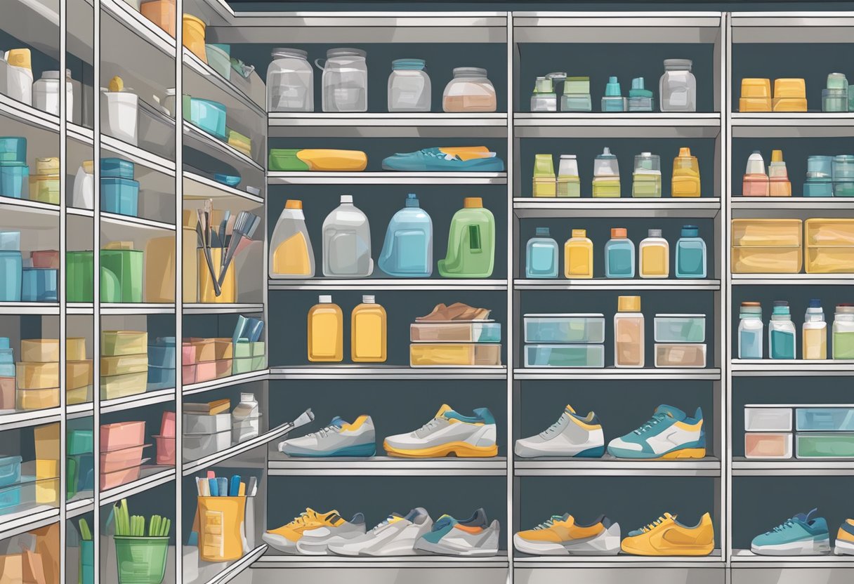 Shoes neatly organized in clear plastic containers on shelves, with labels for easy identification. A shoe care kit sits nearby, with brushes and cleaning products