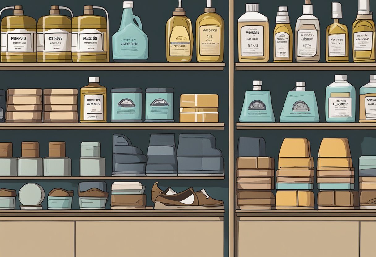 Shoes lined up on shelves, with a cleaning kit nearby and a bottle of conditioning oil. A label on the shelf reads "Proper Shoe Care."