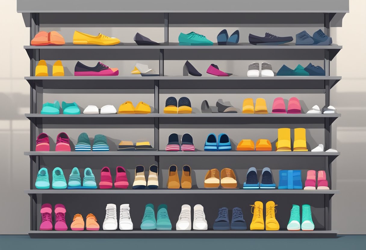 Shoes neatly arranged on shelves with proper spacing. Shoe trees used to maintain shape. Storage containers for seasonal rotation. Dust-free environment