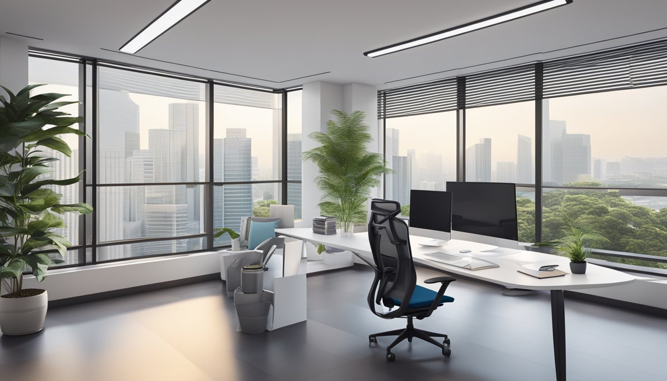 A sleek, ergonomic office chair sits in a modern Singapore office, surrounded by bright, airy space and stylish decor