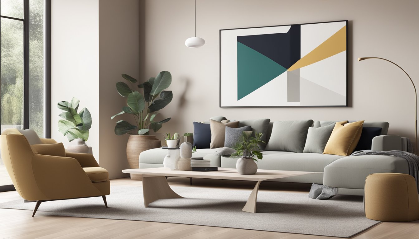 A modern living room with a sleek TV console, clean lines, and minimalistic design. The console is positioned against a neutral-colored wall with abstract artwork above it