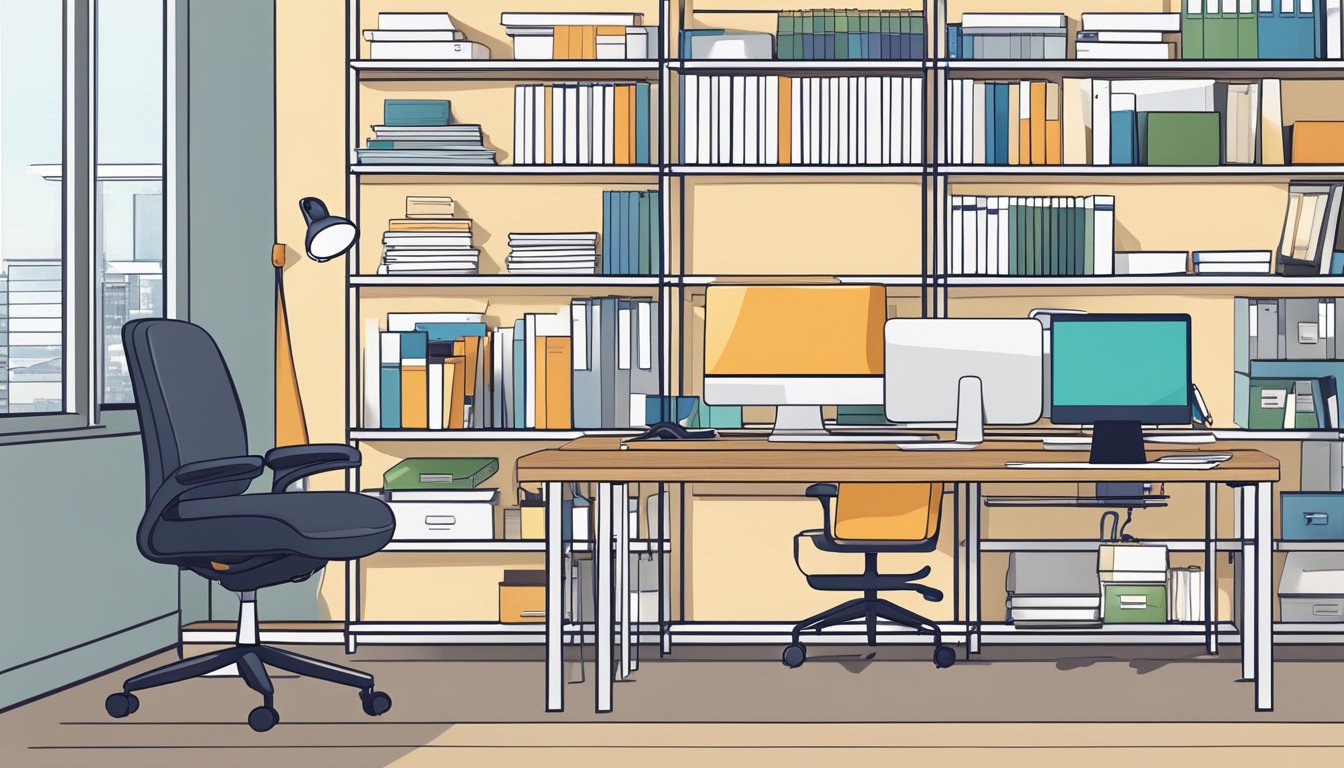 An office chair with a sleek, modern design sits in a well-lit room, surrounded by shelves of neatly organized office supplies and a clean, minimalist desk