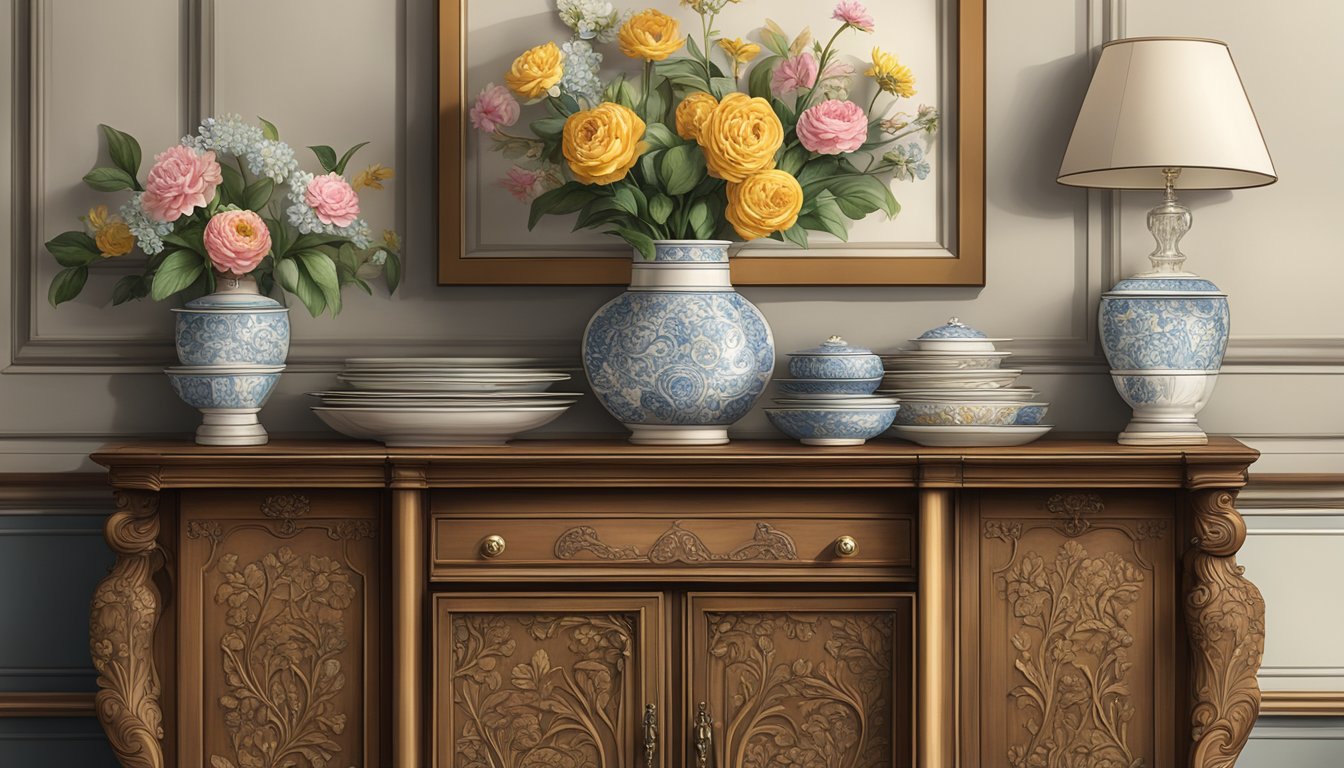 A sideboard with ornate carvings and a polished wood finish sits against a wallpapered wall, adorned with a vase of flowers and a collection of antique dishes and glassware