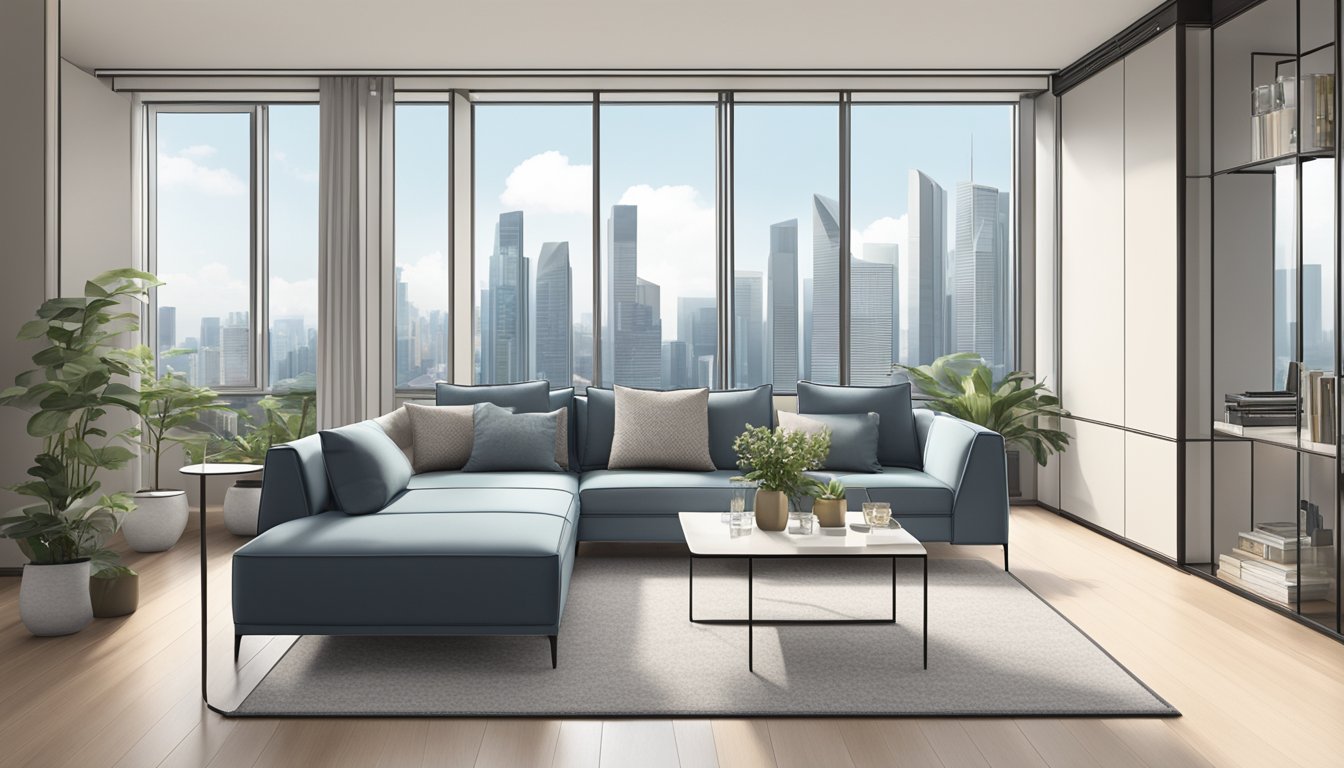 A sleek 2-seater sofa in a modern Singapore apartment, with clean lines and a neutral color palette, set against a backdrop of city skyline through floor-to-ceiling windows