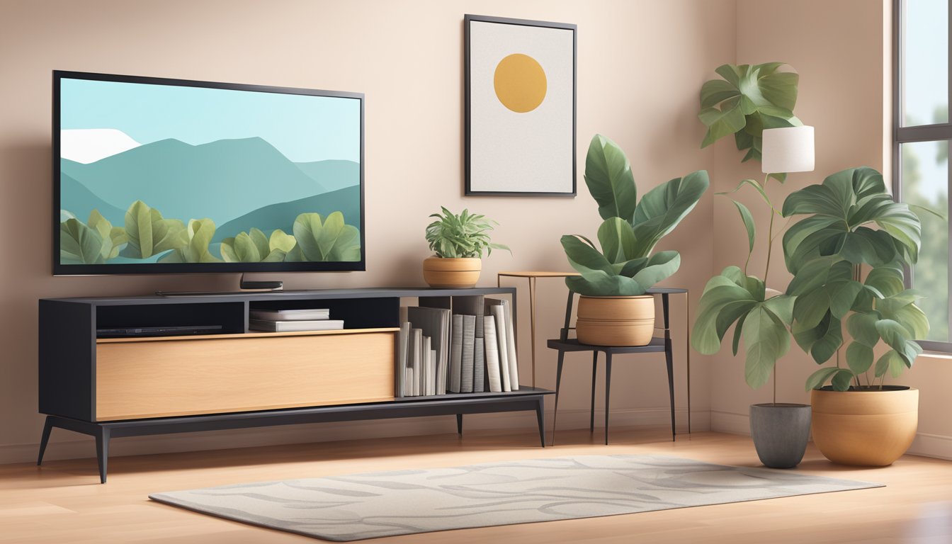 A sleek TV console with minimalist design, adorned with a few carefully curated decorative items such as a potted plant, a stack of books, and a decorative tray