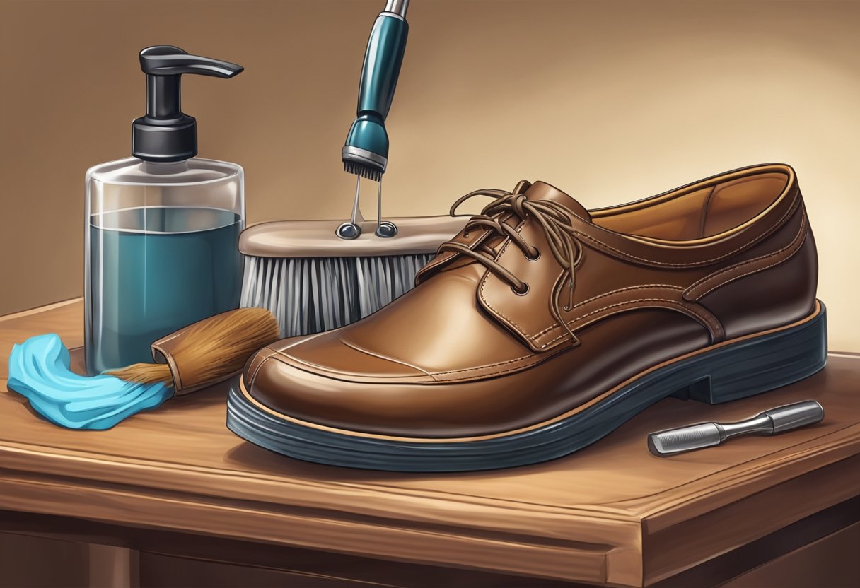 A pair of leather shoes being gently cleaned with a soft cloth and leather cleaner, maintaining their quality and appearance