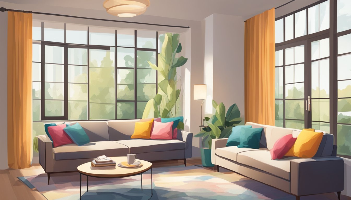 A cozy living room with a 2 seater sofa positioned against a large window, adorned with colorful throw pillows and a soft, plush blanket draped over the armrest. The room is bathed in warm, natural light, creating a welcoming and inviting