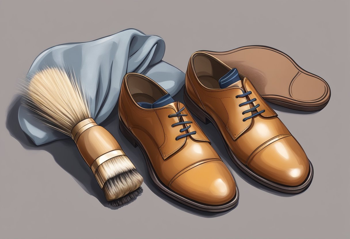 A brush and gentle cleaner sit next to a pair of leather shoes, with a soft cloth nearby for drying