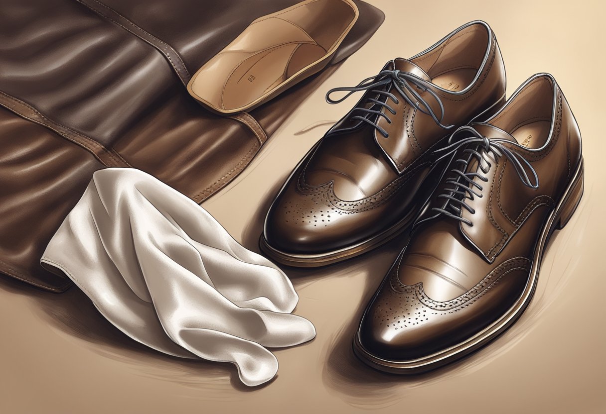 A pair of leather shoes being gently wiped with a soft cloth and a mild leather cleaner to maintain their quality