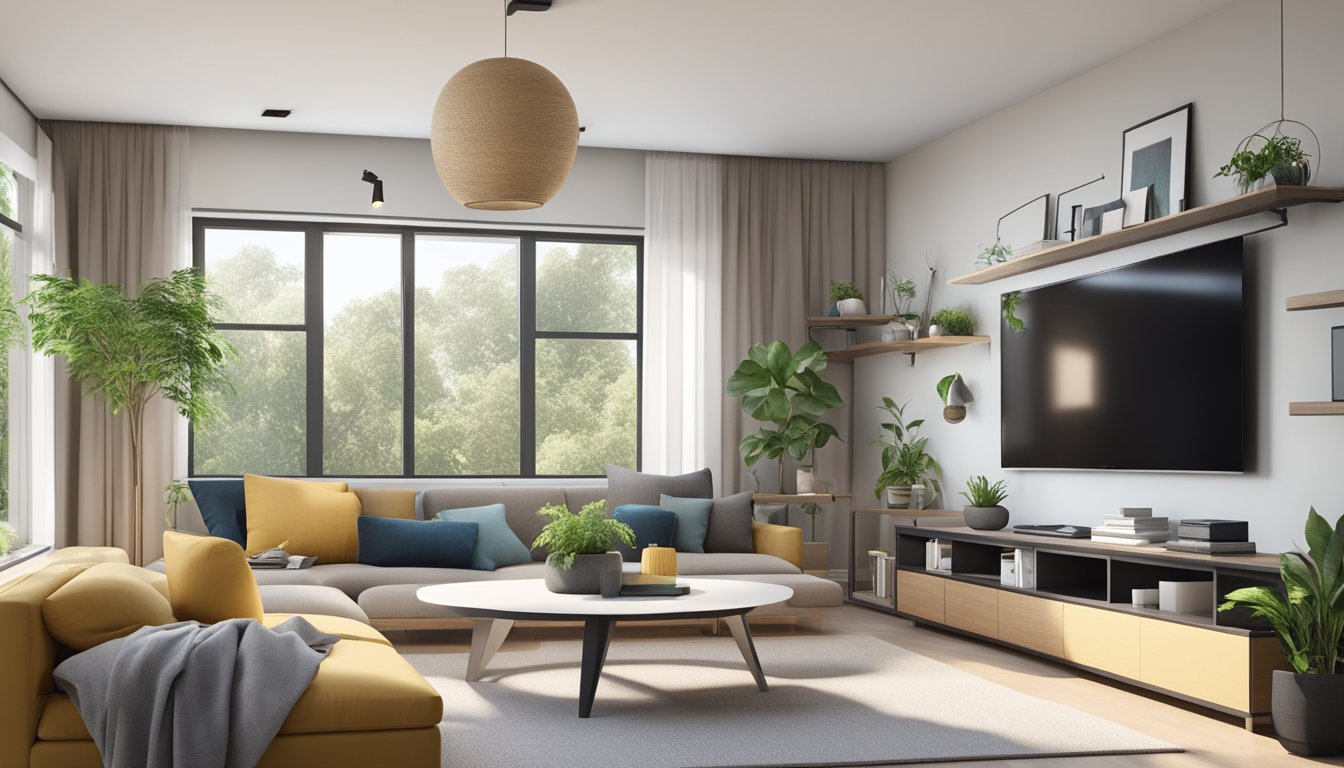 A modern living room with a sleek, minimalist TV console featuring clean lines, storage compartments, and integrated cable management. A large flat-screen TV is mounted above the console, with decorative objects and plants surrounding it