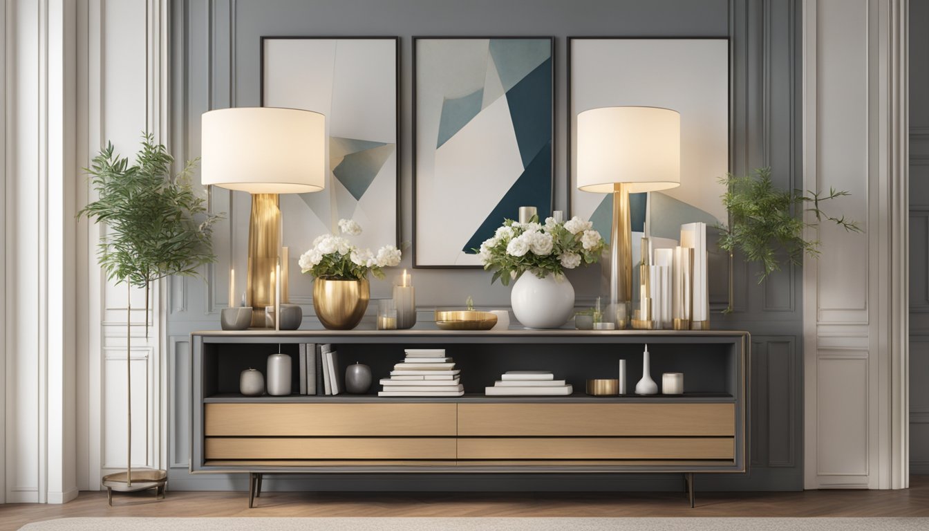 A sideboard adorned with elegant vases, candles, and books, serving as a functional and stylish piece in a modern living room