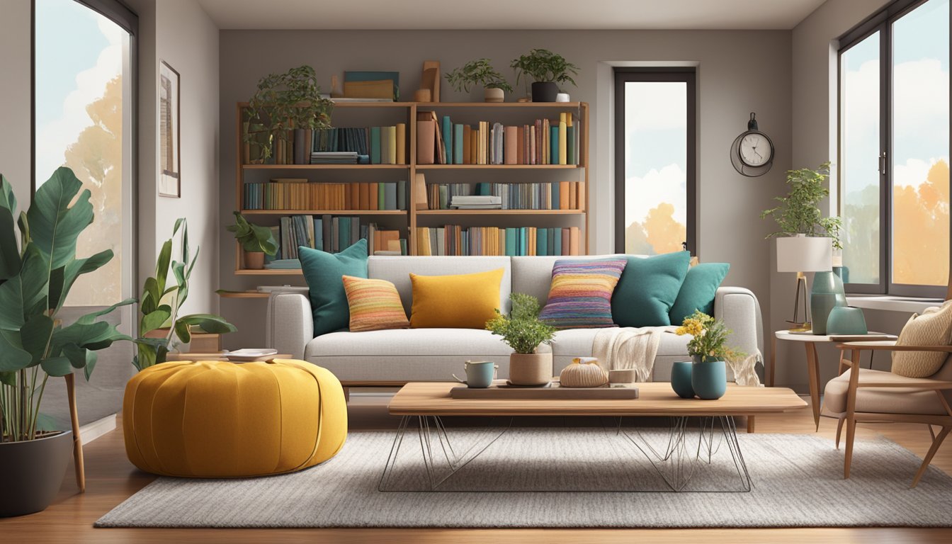 A 2-seater sofa sits in a cozy living room, adorned with colorful throw pillows and a soft, knitted blanket. A stylish coffee table and a bookshelf filled with decorative items complete the scene