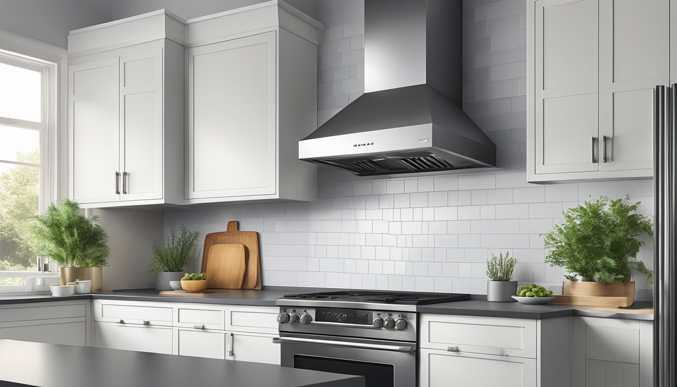 A stainless steel range hood hovers above a modern stovetop, with sleek lines and a powerful exhaust fan
