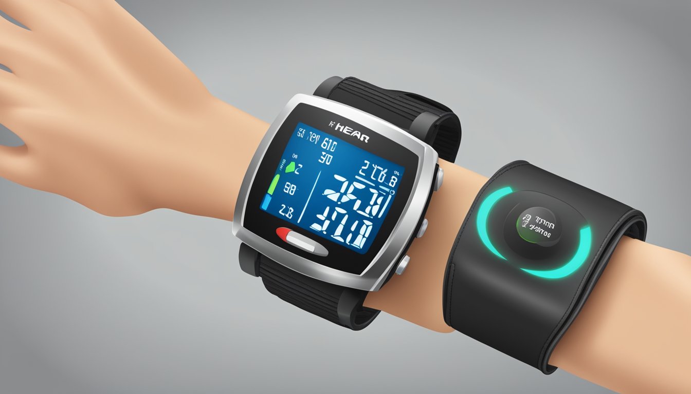 Heart rate monitor displaying a steady pulse, blood pressure cuff tightening on an arm