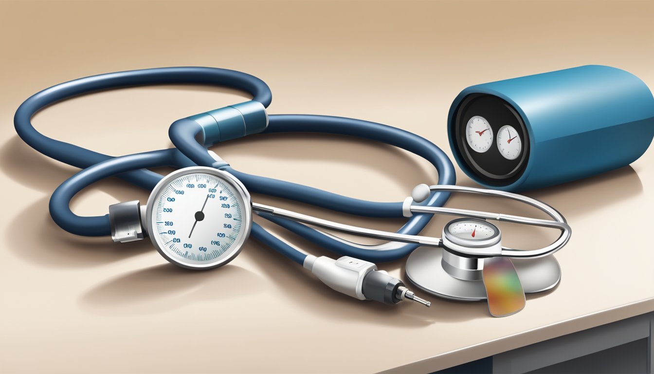 A stethoscope placed on a desk next to a blood pressure cuff, with a heart rate monitor displaying readings