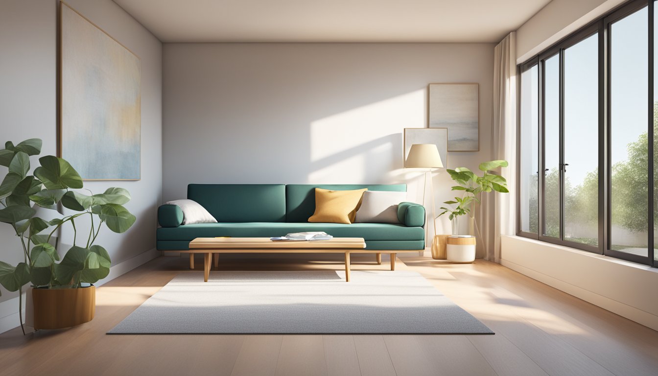 A futon bed sits in a minimalist room, with clean lines and natural light streaming in from a large window