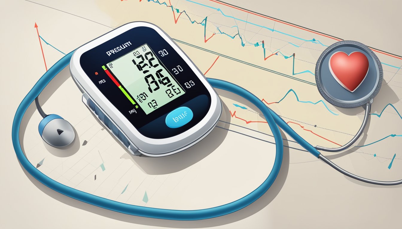 A heart rate monitor displays a fluctuating line graph, while a blood pressure cuff inflates and deflates on a table