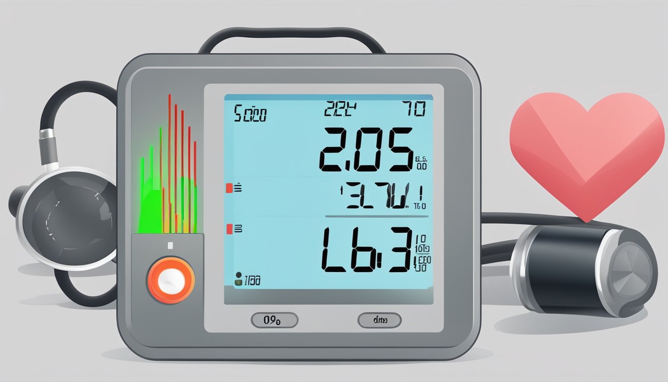 A blood pressure monitor displays high readings, while a heart rate monitor shows irregular beats