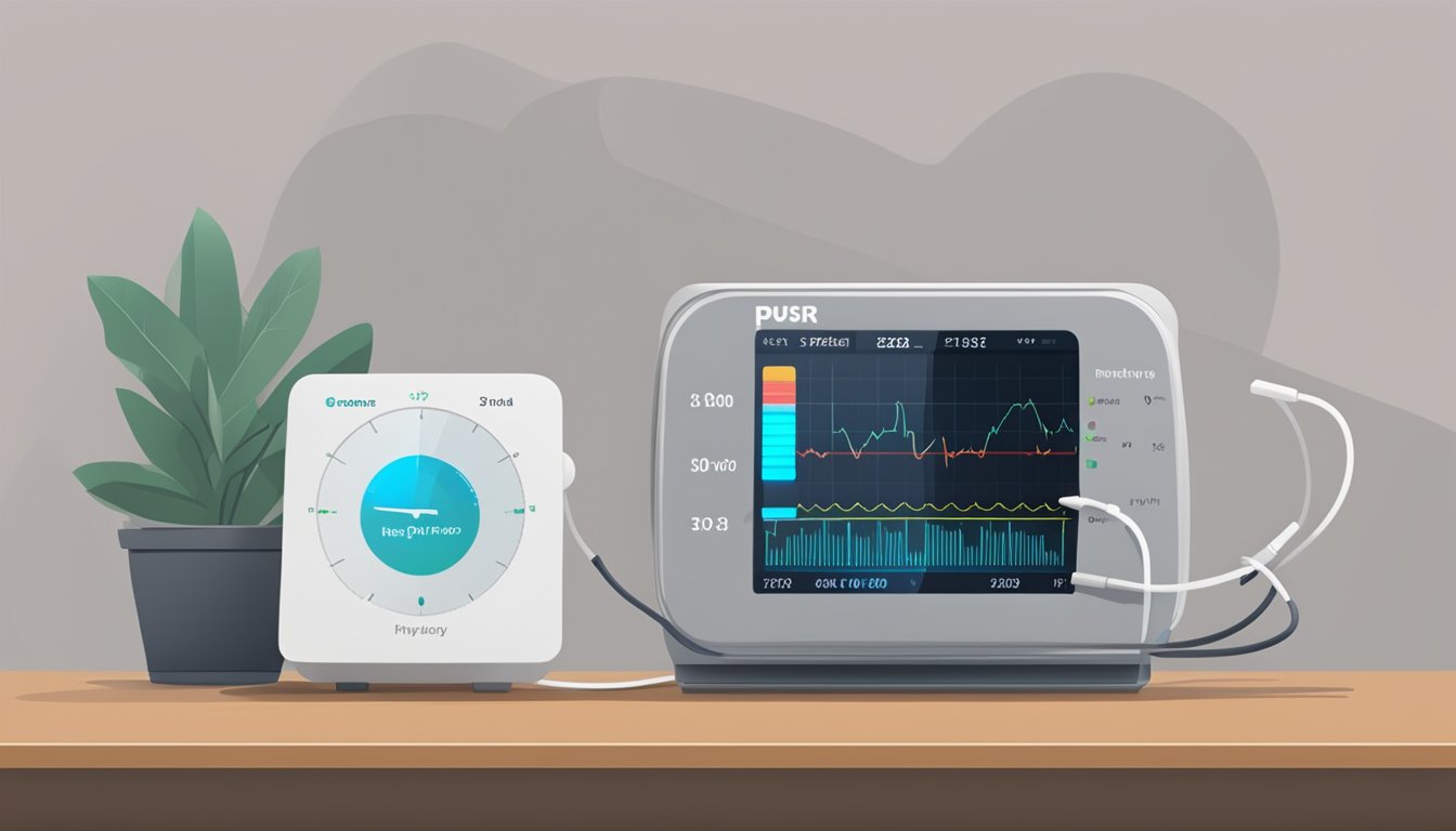 A heart rate monitor displays a steady pulse and blood pressure cuff sits on a table