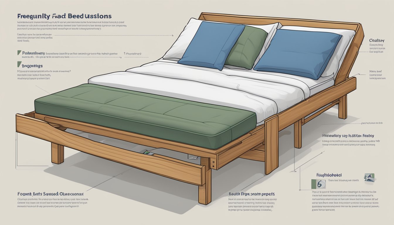 A futon bed with a "Frequently Asked Questions" label